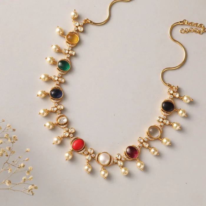 SILVER Necklaces Navaratna and Pearl Elegance Silver Necklace