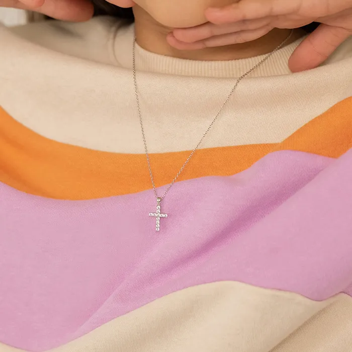 Kids Necklaces Pendants Necklaces CZ Cross 16mm ToddlerKidsGirls Necklace Religious Sterling Silver
