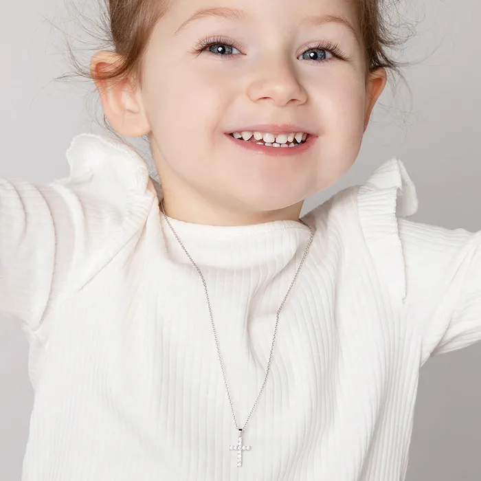 Kids Necklaces Pendants Necklaces CZ Cross 16mm ToddlerKidsGirls Necklace Religious Sterling Silver