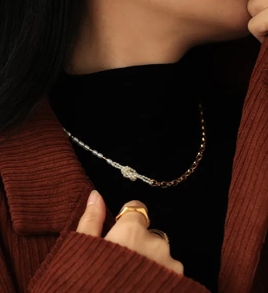 Necklaces Refined by AnnaKaci Asymmetrical Gold Chain Pearl Knot Necklace Necklaces Refined by AnnaKaci Asymmetrical Gold Chain Pearl Knot Necklace