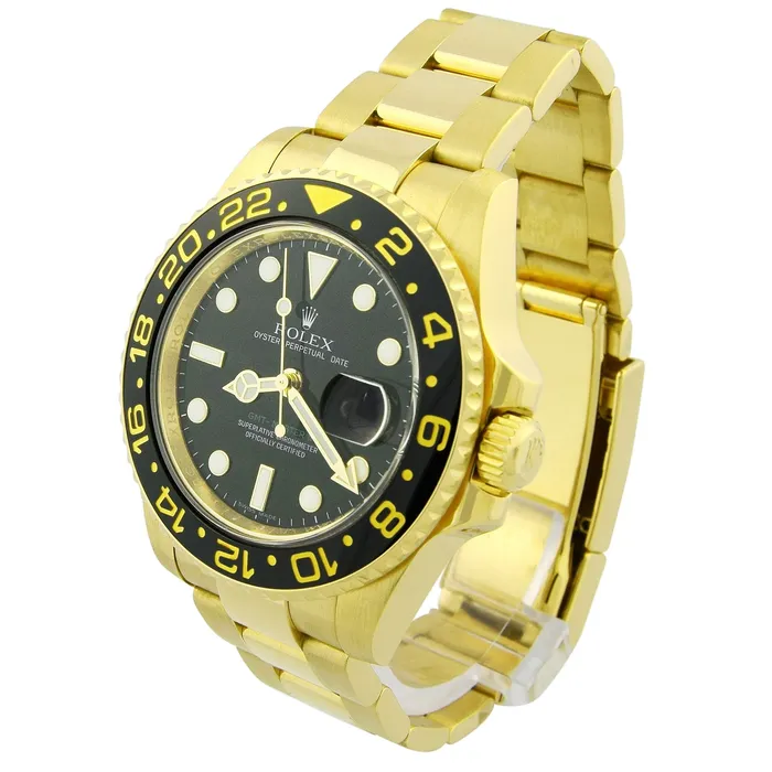 PreStyled Sets Rolex Mens GMT Master II 40mm all 18k Yellow Gold Black Dot Dial Watch Reference 116718 Happy Jewelers